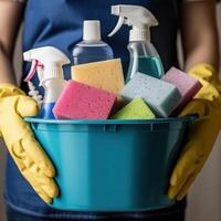 Cleaning products and tools on bucket Illustration photo