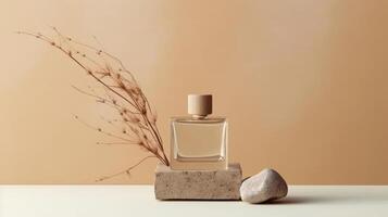 Perfume bottle on natural stone background. Illustration photo