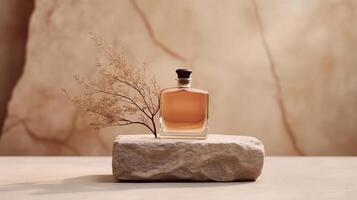 Perfume bottle on natural stone background. Illustration photo