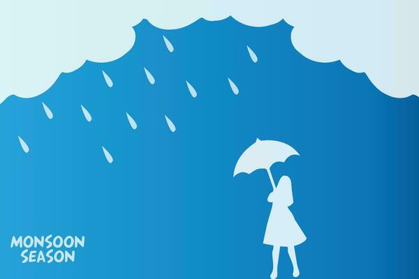 Monsoon season background with woman holding umbrella in the rain on rainy day.