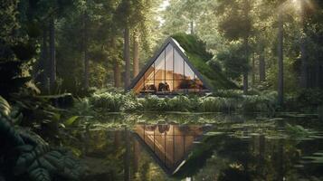 Form of a house-shaped pond located in a lush forest Illustration photo