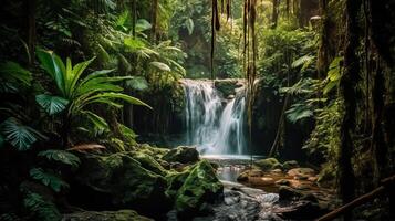 Waterfall in tropical forest. Illustration AI Generative photo