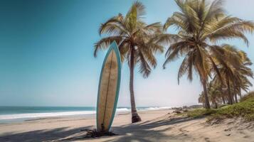 Surfboard and palm tree on beach. Illustration photo