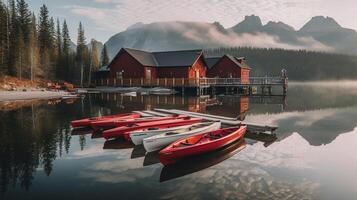 canoas atracado a lago. ilustración ai generativo foto