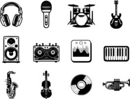 12 music icon set black outlines isolated vector illustrations