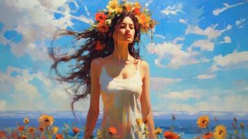 Impressionist painting, girl on summer background. Illustration photo