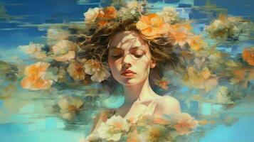 Impressionist painting, girl on summer background. Illustration AI Generative photo
