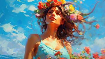 Impressionist painting, girl on summer background. Illustration photo