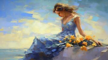 Impressionist painting, girl on summer background. Illustration photo