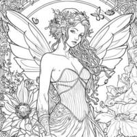 Fairy adults coloring page line art vector