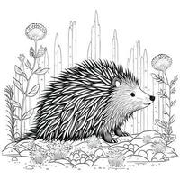 hedgehog in the forest for kids black and white vector