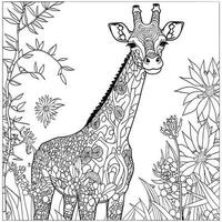 Giraffe in the jungle Flowers Adults Coloring Page vector