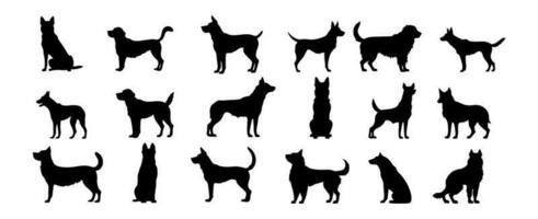 Collection of dog silhouettes isolated on white background. Black puppy standing poses icon shape design vector illustration