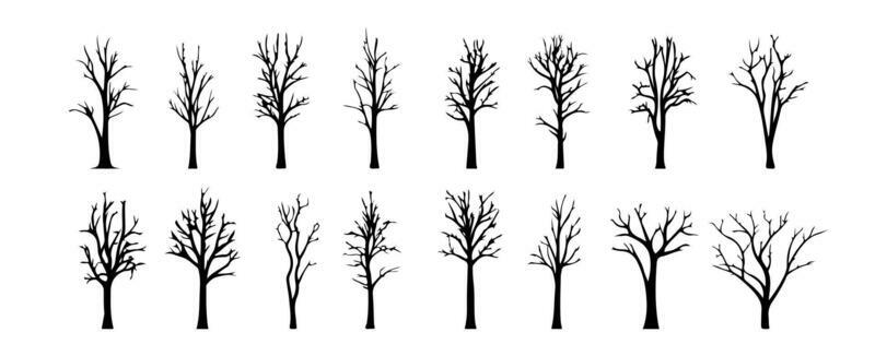 Set of dead tree silhouettes isolated on white background. Simple naked trees vector illustration