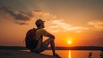 Young man is looking at the sunrise photo