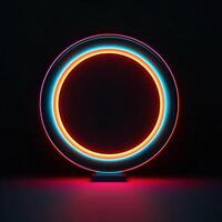 Neon circle, in the style of matte background, minimalist stage designs, dark aquamarine and light amber. Illustration photo