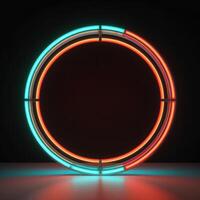 Neon circle, in the style of matte background, minimalist stage designs, dark aquamarine and light amber. Illustration photo