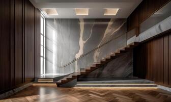 Modern interior with stairs, white furniture, and brushed, in the style of dark beige and bronze Illustration photo