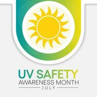 UV safety month is observed every year in July, it is a type of electromagnetic radiation that makes black light posters glow, and is responsible for summer tans and sunburns. Vector illustration