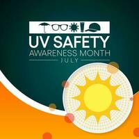 UV safety month is observed every year in July, it is a type of electromagnetic radiation that makes black light posters glow, and is responsible for summer tans and sunburns. Vector illustration