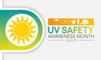 UV safety month is observed every year in July, it is a type of electromagnetic radiation that makes black light posters glow, and is responsible for summer tans and sunburns. Vector illustration