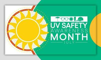 UV safety month is observed every year in July, it is a type of electromagnetic radiation that makes black light posters glow, and is responsible for summer tans and sunburns. Vector illustration