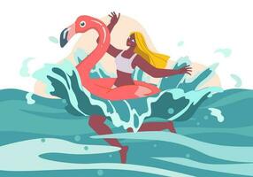 dejar el verano comenzar. joven mujer paseo en inflable flamenco saltando en el mar, teniendo divertido y refrescante en un caliente verano día. vector diseño ilustración.