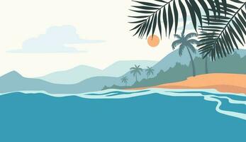 Summer beach background clouds and sky, waves and sea with palm leaves. Vector design illustration.