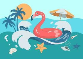 Hello summer background, pink inflatable flamingo on wave, sea shell, coconut tree, sun. Vector design illustration.