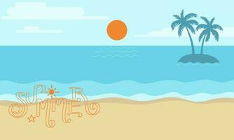 Summer beach background, sky, sun, sea, coconut trees and white sand beach. Vector design illustration.