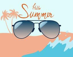 Hello summer time with aviator sunglasses on beach background. Vector design illustration.