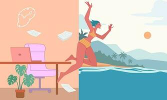 Let the summer begin. Young woman jumping from office into the sea, Summer beach background. Vector design illustration.