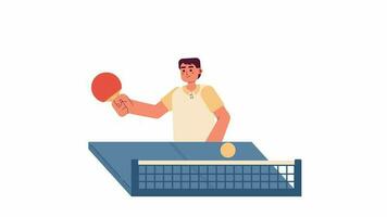 Animated table tennis player. Asian man playing ping pong isolated 2D animation. Pingpong match. Cartoon flat character 4K video footage, white background, alpha channel transparency for web design