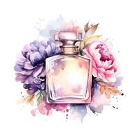 Watercolor perfume bottle with flowers. Illustration photo