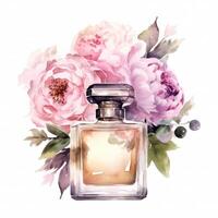 Watercolor perfume bottle with flowers. Illustration photo