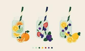 mano dibujado vector ilustración colección para web de Fruta infundido agua en un vaso frasco. diferente surtido frutas y vegetales en un agua para desintoxicación y refresco para un tropical fiesta