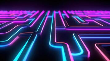 Neon lines in shades on a dark background, with a futuristic and minimalist aesthetic. Illustration photo