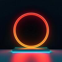 Neon circle, in the style of matte background, minimalist stage designs, dark aquamarine and light amber. Illustration photo