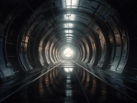 Abstract futuristic tunnel corridor with glowing lights and reflections Science fiction style Created with technology photo