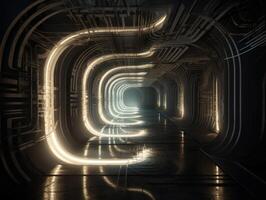 Abstract futuristic tunnel corridor with glowing lights and reflections Science fiction style Created with technology photo