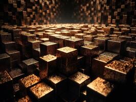 Futuristic gold cubes background Abstract geometric mosaic grid Square tiles pattern technology photo