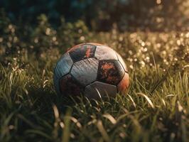 Soccer ball on green grass Created with technology photo