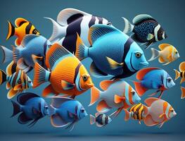 Group of colorful fishes on dark background Created with technology photo