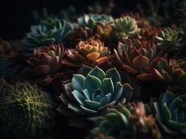 miniatura hogar flores suculentas y cactus en el jardín creado con generativo ai tecnología foto