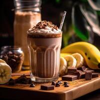 Chocolate oatmeal and banana milkshake smoothie. Illustration photo