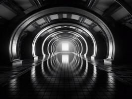 Abstract futuristic tunnel corridor with glowing lights and reflections Science fiction style Created with technology photo