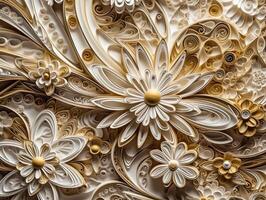 Paper made flowers Quilling craft technic white and gold abstract background lines Created with technology photo