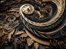 Paper made Quilling craft technic black and gold abstract background lines Created with technology photo