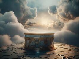 Round podium with clouds and circles created with technology photo