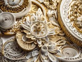 Paper made flowers Quilling craft technic white and gold abstract background lines Created with technology photo